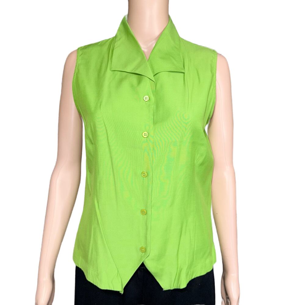 Dressbarn Womens Blouse Button Down Top Collared Sleeveless Green Medium